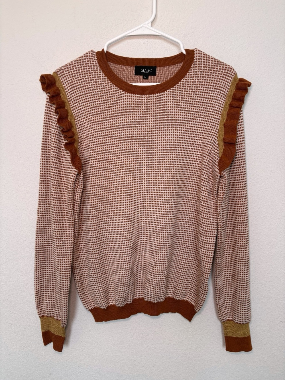 MAAC London Wool Blend Crewneck Gingham Ruffle Detail Long Sleeve Sweater Large